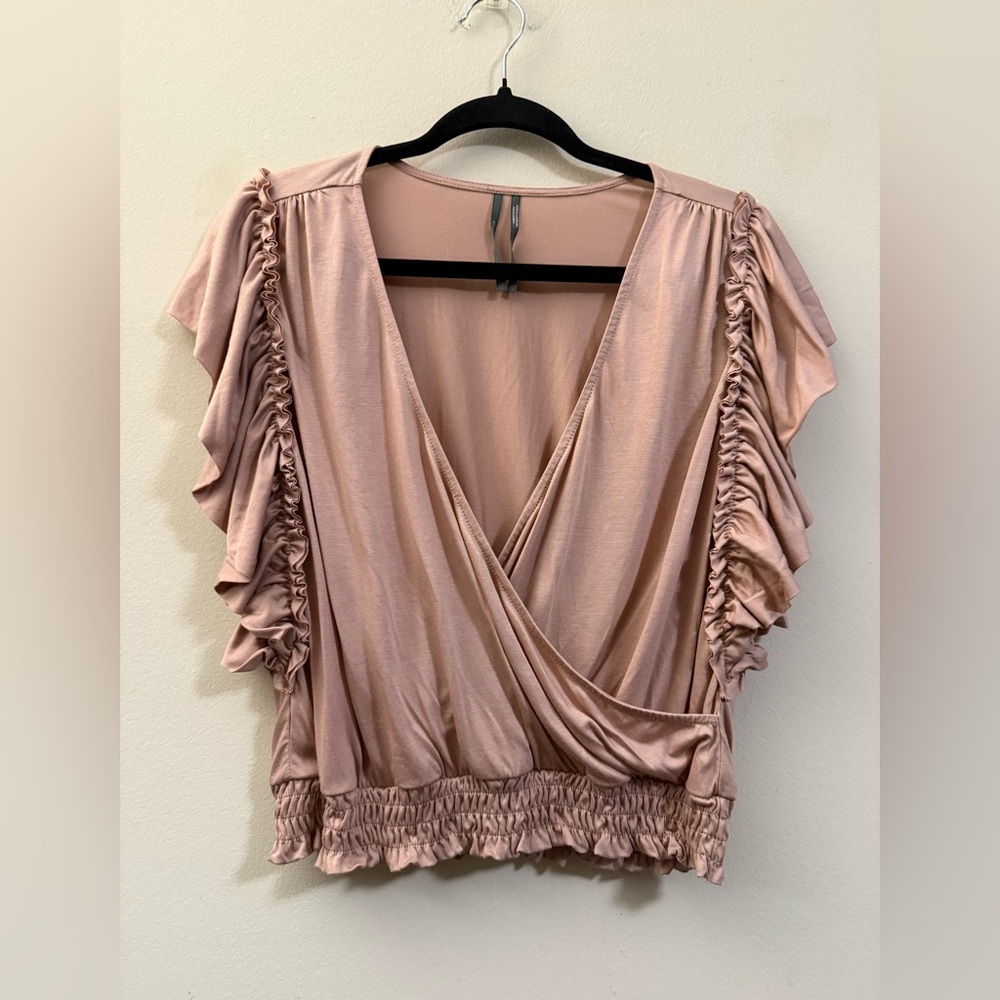 Anthropologie Pink Wrap Ruffled Blouse